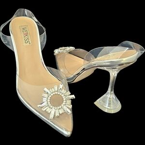 wetkiss Women's Clear Heels Shoes Crystal Rhinestones Slingback Shoes Size:8